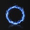 Blue fire ring. Realistic burning circle. Round fiery shape with hole on black background. Magical energy and ignite gas