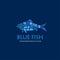 Blue fish logo. Mediterranean cuisine restaurant. Blue fish mosaic on a dark background.
