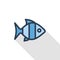 Blue fish thin line flat color icon. Linear vector symbol. Colorful long shadow design.
