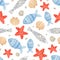 Blue fish, trout, starfish and seashells watercolor seamless pattern