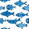 Blue fishes seamless and endless pattern