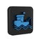 Blue Fishing boat with fishing rod on water icon isolated on transparent background. Black square button.