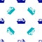 Blue Fishing boat icon isolated seamless pattern on white background. Fishing trawler. Vector