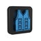 Blue Fishing jacket icon isolated on transparent background. Fishing vest. Black square button.