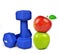 Blue fitness dumbbells with apples