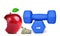 Blue fitness dumbbells with bitten red apple