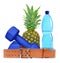 Blue fitness dumbbells, pineapple, belt and PET bottle with water