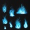 Blue flame. Burning fiery natural gas hot fireplace flames warm fire blazing bonfire effect blue magic flaming vector