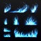 Blue flames. Realistic cold burning effects, 3d magic fires, carbon monoxide gas colored flame, different shapes