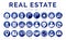 Blue Flat Real Estate Round Icon Set of Home, House, Apartment, Buying, Renting, Searching, Investment, Choosing, Wishlist, Low