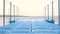 Blue floating plastic pontoon pier with rope railings rocking on waves at lake or river beach. Dock for small boats and