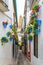 Blue flower pots on on Calleja de las Flores in the old Jewish quarter overlooking the Mezquita of Cordoba