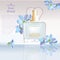 Blue flowers Perfume bottle Cosmetic ads template, droplet mock up on dazzling background. Place for brand text