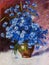 Blue flowers in a vase . Drawing with pastels on paper. Still life of flowers cornflowers . Based on the wonderful painting by I.