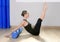 Blue foam roller pilates woman sport