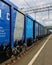 Blue freight train waggons