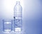 Blue fresh water in plastic bottle and full water in glass bright blue background .