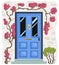 Blue front door with brick wall, steps, climbing pink plants and bush.