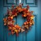 Blue front door with festive autumn wreath