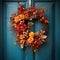 Blue front door with festive autumn wreath