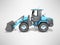 Blue front loader with large bucket on wheeled drive left side 3D render on gray background with shadow