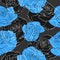 Blue frozen rose flower bouquets contour elements seamless pattern on gray