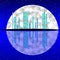 Blue fullmoon midnight cityscape illustration with buildings on island