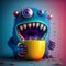 A blue funny fictional monster open his big mouth for drinking a hot coffee from yellow cup. Created with Generative AI