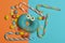 Blue funny surprised donut on colorful background