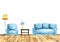 Blue furniture set of armchair and sofa with coffee table between with vase of flowers on it and yellow torchiere. Bright