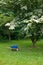 Blue garden wagon in garden of Barnes Museum Philadelphia, Pennsylvania