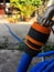 Blue garden water hose nozzle and orange connector