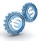 Blue gears showing a relationship and influence of the dollar on the euro