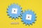Blue gears on a yellow background, the inscription work. Interaction concept. The photo