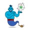 Blue genie from the lamp, cartoon character. Desire to have children. The genie will fulfill any three wishes. Illustration,