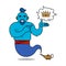 Blue genie from the lamp, cartoon character. The desire to have power. The genie will fulfill any three wishes. The crown is a