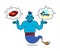 Blue genie from the lamp, cartoon character. The genie will easily fulfill any three wishes. I want a vacation on the sea, I want