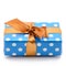 Blue gift box with bronze satin ribbon on white background