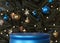 Blue glossy podium with Christmas tree and decoration on the background. Xmas mood. Elegant scene for product, cosmetic