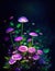 Blue Glow: The Perfect Setting for a Mushroom and Flower Wonderland