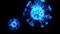 Blue glowing holographic image of coronavirus like covid-19 virus or influenza virus flies in air or float smoothly on