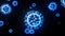 Blue glowing holographic image of coronavirus like covid-19 virus or influenza virus flies in air or float smoothly on