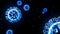 Blue glowing holographic image of coronavirus like covid-19 virus or influenza virus flies in air or float smoothly on