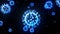 Blue glowing holographic image of coronavirus like covid-19 virus or influenza virus flies in air or isolated on black