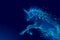 Blue glowing horse unicorn riding night sky star. Creative decoration magical backdrop shining cosmos space horn fairy