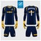 Blue Goalkeeper jersey or soccer kit, long sleeve jersey, goalkeeper glove template design. Front and back view football uniform.