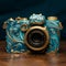 Blue And Gold Camera With Swirled Patterns Hyperrealistic Sculptures And Naturalistic Ocean Waves