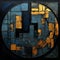 Blue And Gold Circular Art Piece: Cubist Deconstruction With Industrial Texture