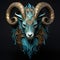 a blue and gold goat head