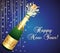 Blue and gold greeting card 2021 Happy New Year with uncorked bottle of Champaign. Vector illustration.